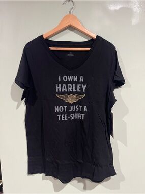 Harley-Davidson Black V-Neck Tee with Gold Wing Emblem and White Text